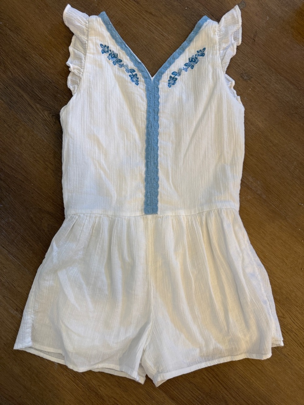 Janie and Jack White Romper with Blue Embroidered Trim